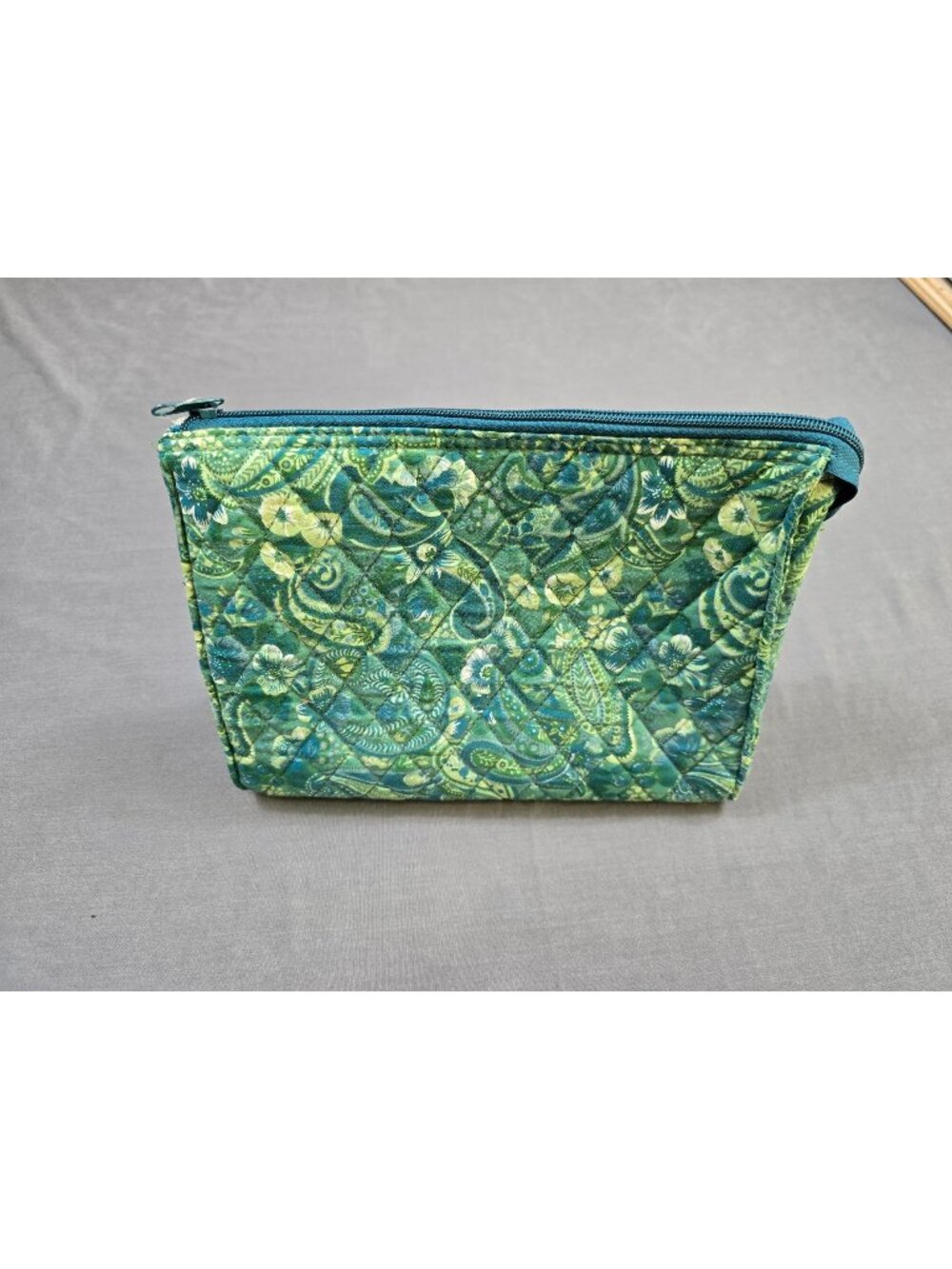 Quilted Green Paisley Cosmetic Travel Pouch Bag With Zipper